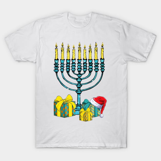 Menorah Santa Hat Chanukah Hanukkah Jewish Christmas Pajama T-Shirt by _So who go sayit_